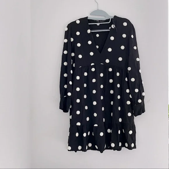 knee length dresses for ladies Zara Cream Black Polka Dot V-neck Ruffle Layered Smocked Chiffon Mini  Brie